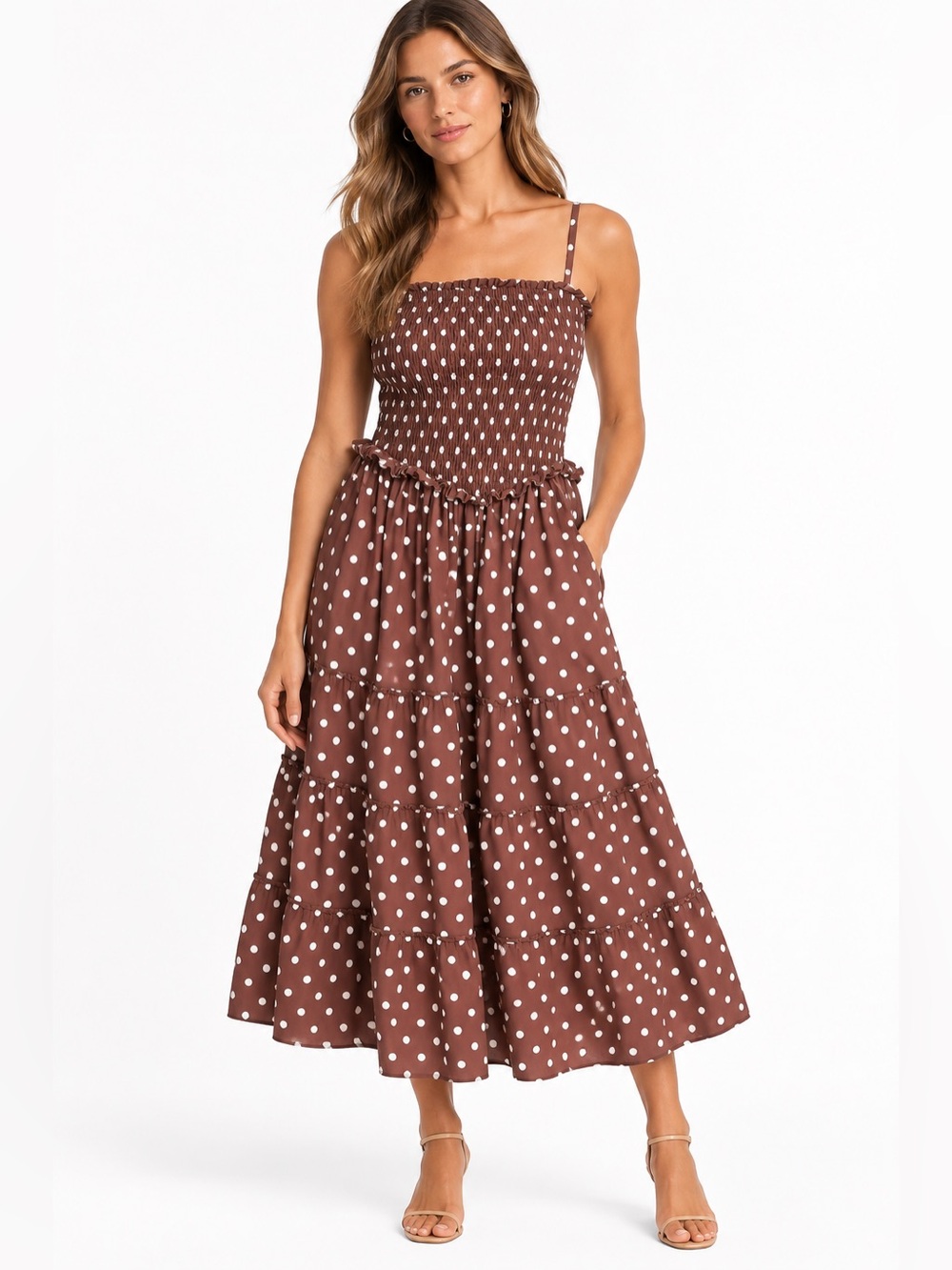 Meadow Rhodes Brown Polka Dot Smocked Midi Dress size L